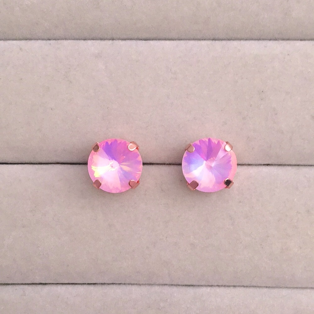 Pink Aurora Borealis + Rose Gold Rivoli Crystal Earrings